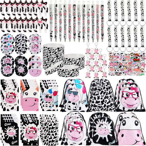 152 Pcs Cow Party Favors Supplies Include Cow Drawstring Goodie Bag Silicone Bracelets Cow Keychain Cow Stickers Spiral Notepads Bulk Inflatable Headbands Button Pin Pens Cow Print Notebook for Kid